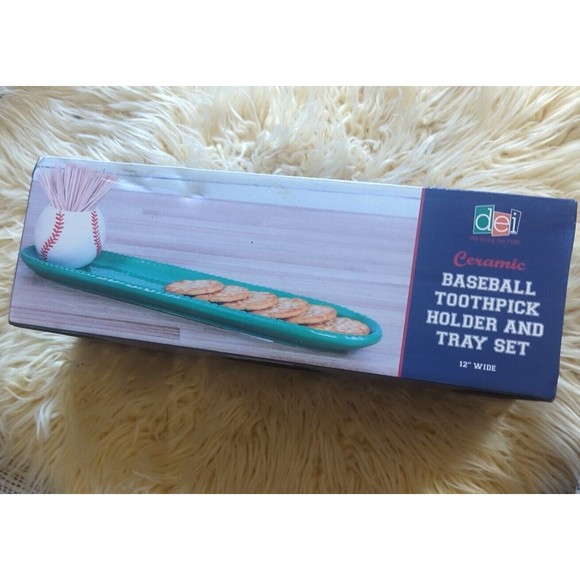 NIB Baseball Toothpick Holder & Tray Set Ceramic Sports Cheese Party Dip Tray - Picture 3 of 5